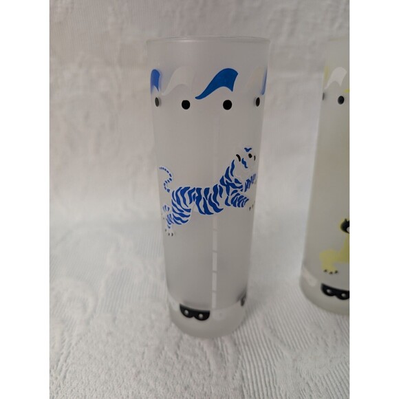 Vintage MCM Libby “Circus Carousel” 4 Frosted Glasses Tom Collins Animals Flag - Picture 2 of 11